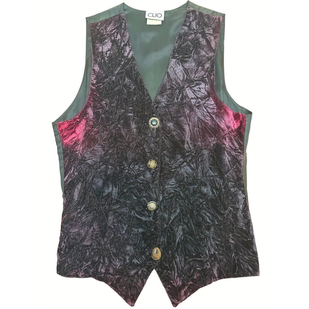 Clio Velvet Satin Sleeveless Vest Button Front Black Purple Size M - Picture 8 of 9